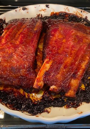 A picture of Pork Belly Spare Ribs with Sweet & Sticky BBQ Basting Sauce.