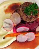 Fillet of beef with parsnip and macadamia purée with seasonal vegetables