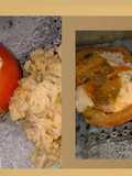 Tomate relleno arroz queso y huevo con salsa de soja