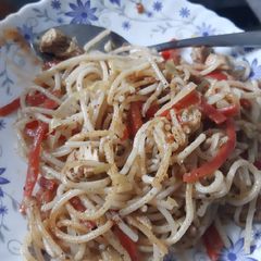 A picture of Chicken veggie spaghetti.