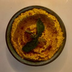 A picture of North African Roasted Carrot & Harissa Hummus #vegan.