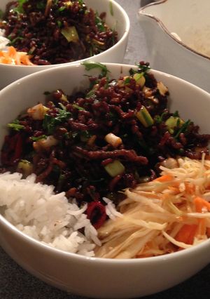 A picture of Crispy Asian Beef with a Crunchy Slaw.
