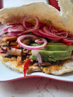 A picture of Pita bread with pork and avocado.