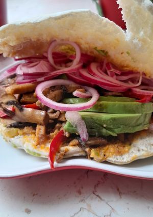A picture of Pita bread with pork and avocado.