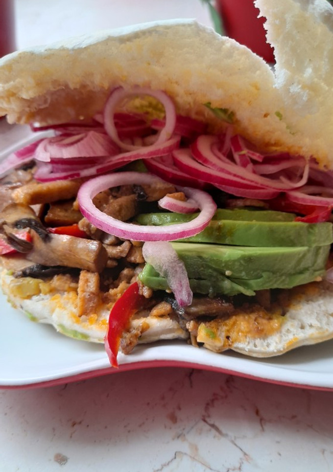 A picture of Pita bread with pork and avocado.