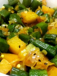 A picture of Lady's finger and pumpkin stir fry.