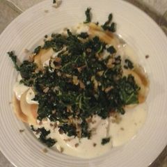 A picture of Butternut squash & kale carbonara pasta.