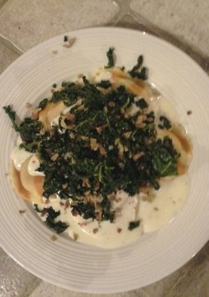 A picture of Butternut squash & kale carbonara pasta.