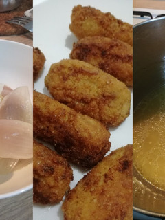 Una foto de 3 recetas en una (caldo de pollo, croquetas y crema)
