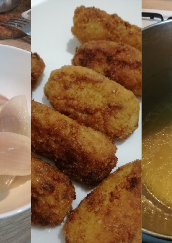 Una foto de 3 recetas en una (caldo de pollo, croquetas y crema)