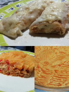 Una foto de Dos recetas con pollo cocido. Canelones y pastel de papa sin carne vacuna y menos papa!