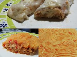 Una foto de Dos recetas con pollo cocido. Canelones y pastel de papa sin carne vacuna y menos papa!