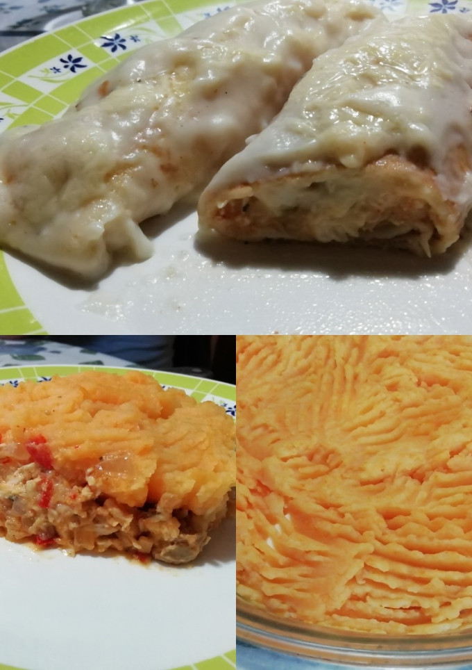 Una foto de Dos recetas con pollo cocido. Canelones y pastel de papa sin carne vacuna y menos papa!