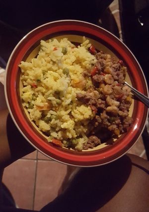 A picture of Shrimp & Beef with Egg Fried Veggie Rice.