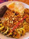 Alubias, calabacín, huevo y morcilla (plato único)