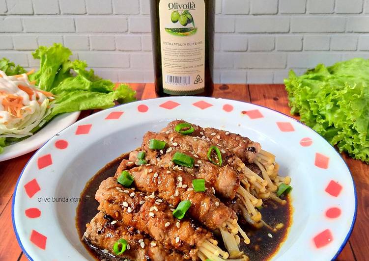 Resep Enoki beef roll with teriyaki sauce and evoo olivoila, Enak