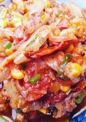 A picture of Shrimps and Minced Meat veggies sauce.
