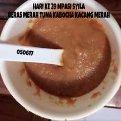 A picture of Mpasi 7m 4* beras merah kacang merah ikan tuna kabocha.