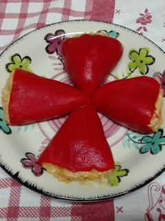 Una foto de Pimientos del piquillo rellenos de atún y verduras. Thermomix
