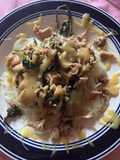 Chicken, gravy and rice noodles