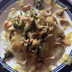 A picture of Chicken, gravy and rice noodles.
