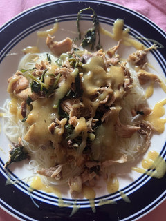 A picture of Chicken, gravy and rice noodles.