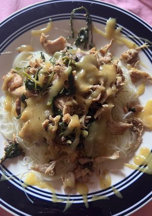 A picture of Chicken, gravy and rice noodles.