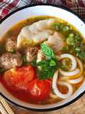 Spicy and Sour Udon with Dumplings and Beef Meatballs