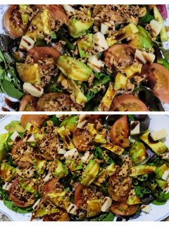 Una foto de Ensalada fresca de brotes tiernos, pimiento verde y aguacate