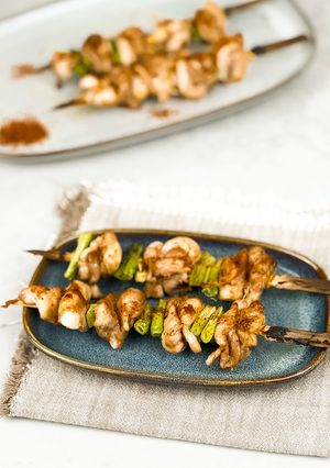 A picture of Japanese yakitori (chicken thigh).