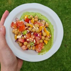 A picture of Chickpea salad with pea pesto.