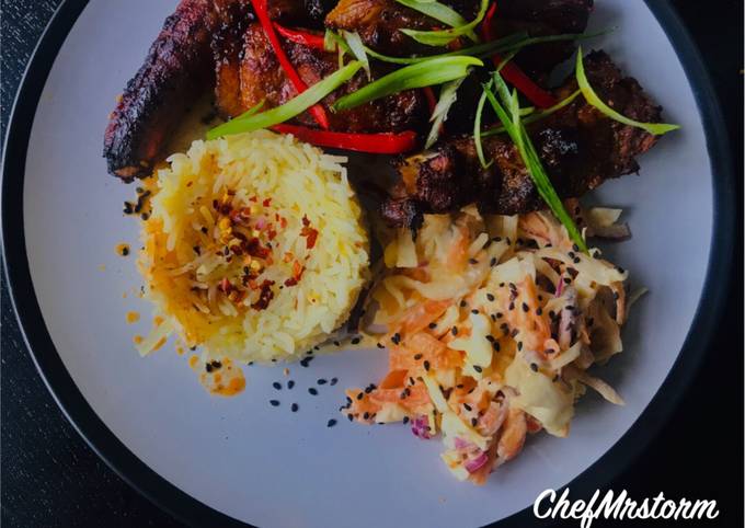 Orange-Spring Onions-Chilli Rice with Sticky Spicy Pork Ribs And Homemade Coleslaw