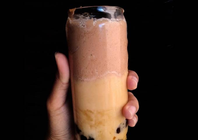 Milk tea with dalgona milo and bobba brown sugar ala onde