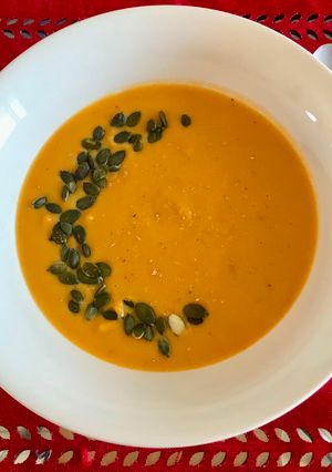 A picture of Pumpkin Velouté Soup with Ginger, Cinnamon, and Nutmeg in a Pressure Cooker.