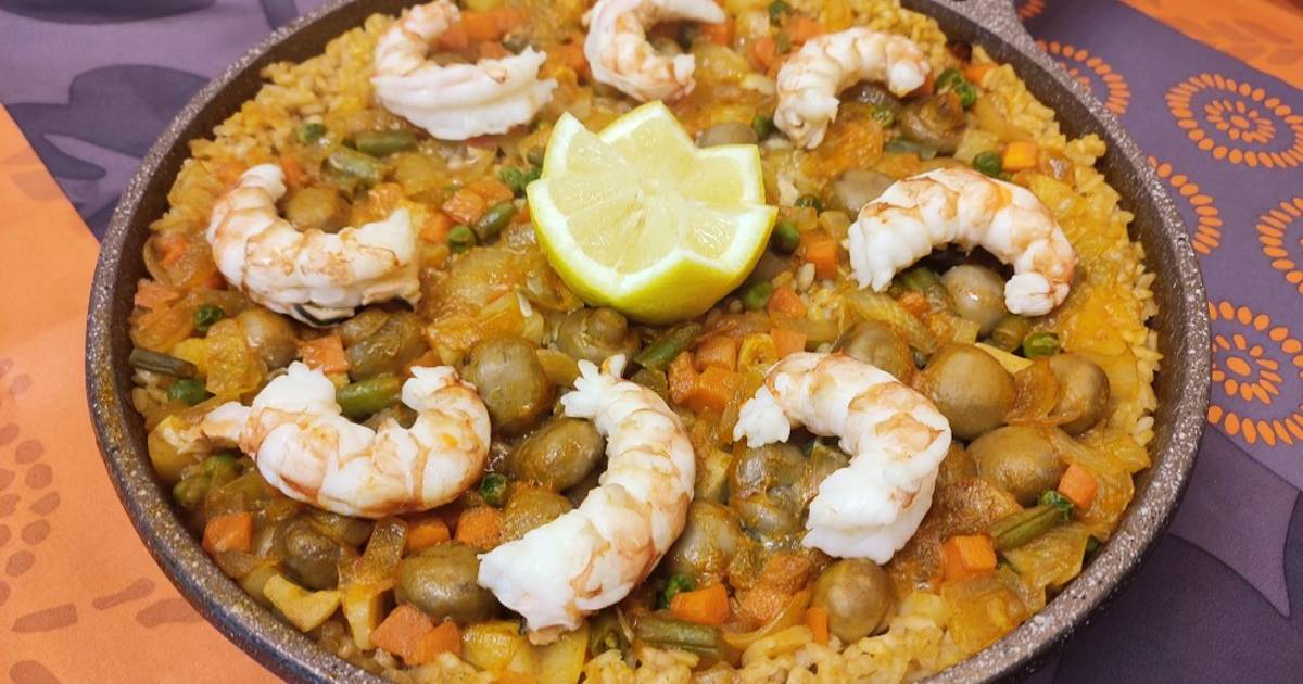 Paella al horno, de gambones, verduras y champiñones Receta de Mode Cookpad