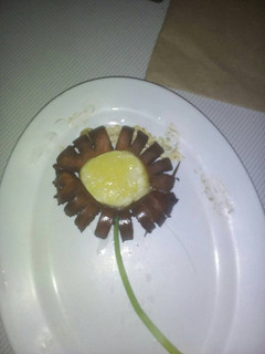 A picture of Fried sausage with an egg.