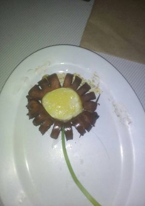 A picture of Fried sausage with an egg.