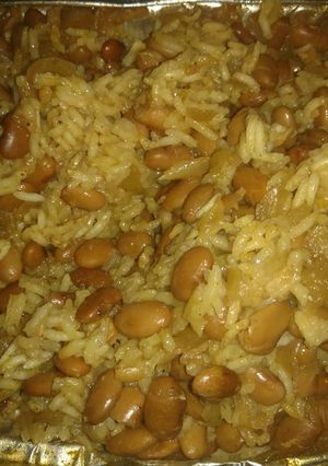 A picture of Dry Beans & Rice in the Oven.