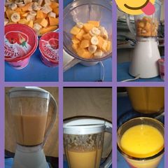 A picture of Mango+banana+strawberry yoghurt juice.