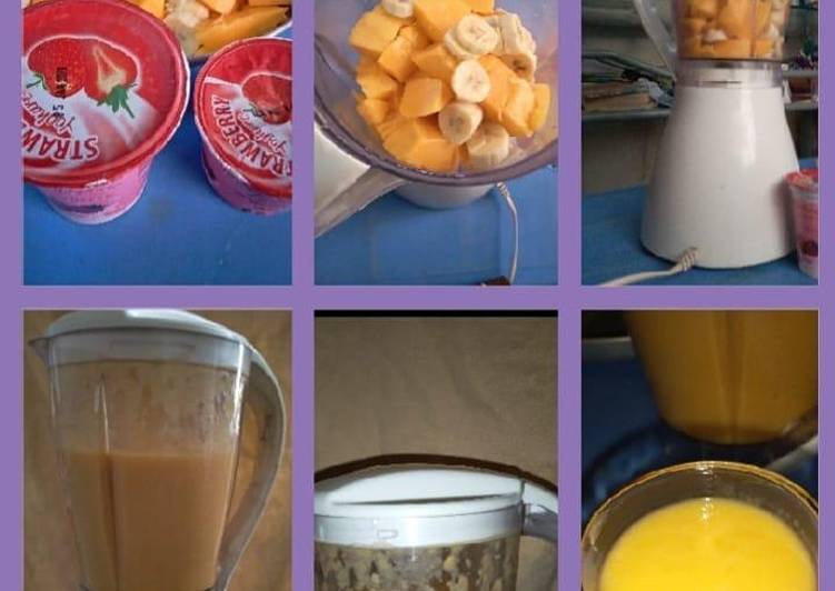 Steps to Make Award-winning Mango+banana+strawberry yoghurt juice