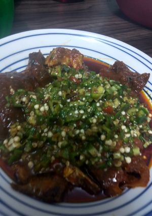 A picture of Red oil Stew with Fresh Okro soup.