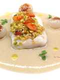 Baccalà aglio, olio e peperoncino, con salsa di pane di segale e cipolline borettane