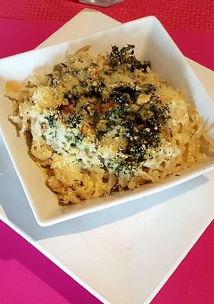 Una foto de Fideos pesto gratinados a la crema!