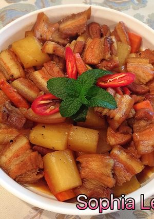 A picture of Braised Pork Belly with Daikon and Carrots.