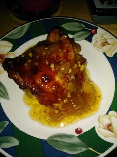 A picture of Peach Whiskey BBQ chicken thighs (Ree Drummond's recipe).