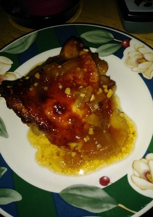 A picture of Peach Whiskey BBQ chicken thighs (Ree Drummond's recipe).