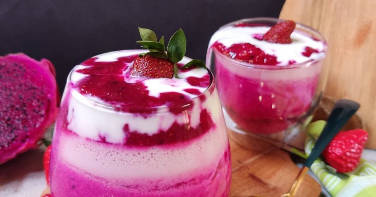 Resep Puding Lapis Buah Naga Dan Strawberry With Homemade Yogurt Oleh