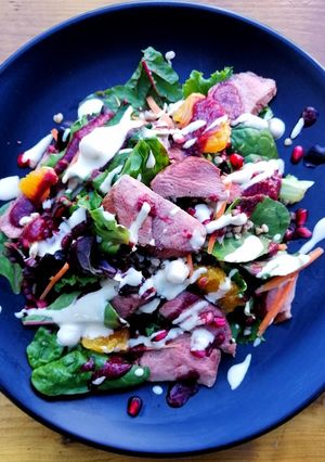 A picture of Smoked duck/buckwheat/orange/pomegranate/houmous salad.