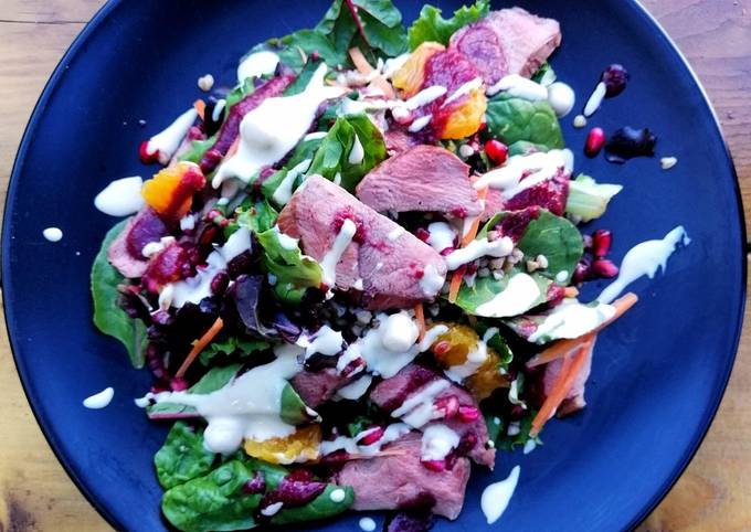 Smoked duck/buckwheat/orange/pomegranate/houmous salad