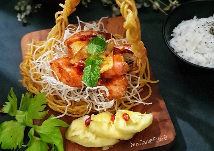 resep cara membuat 94. Udang saus lemon keranjang spagheti / Prawn Spaghetti Basket